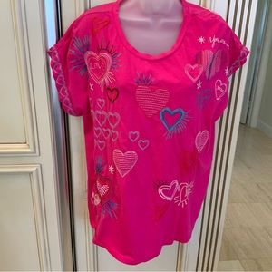 Johnny Was Fuchsia Heart Embroidered Tee